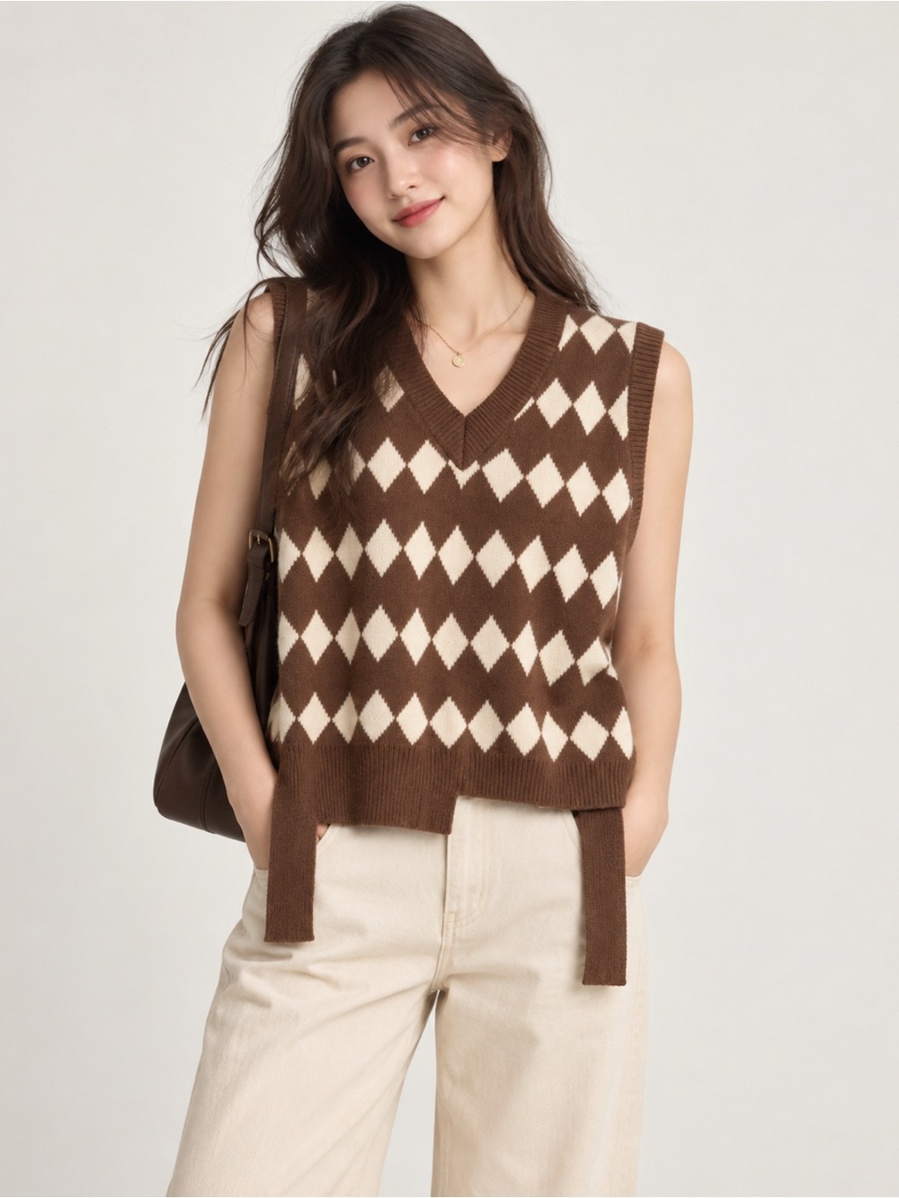 Patavinity Classic Brown Argyle Knit Sweater Vest - Neutral Size-Medium Argyle